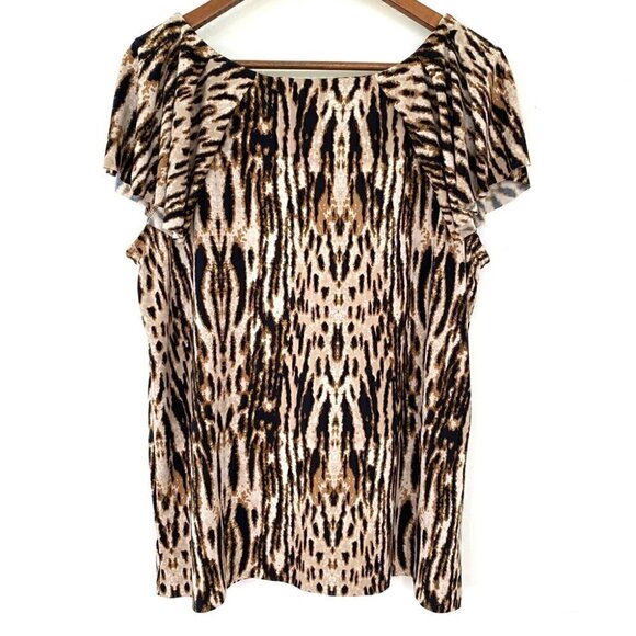 Anne Klein stretch jersey top with fluttery cap sleeves, animal print, plus size - Picture 9 of 11